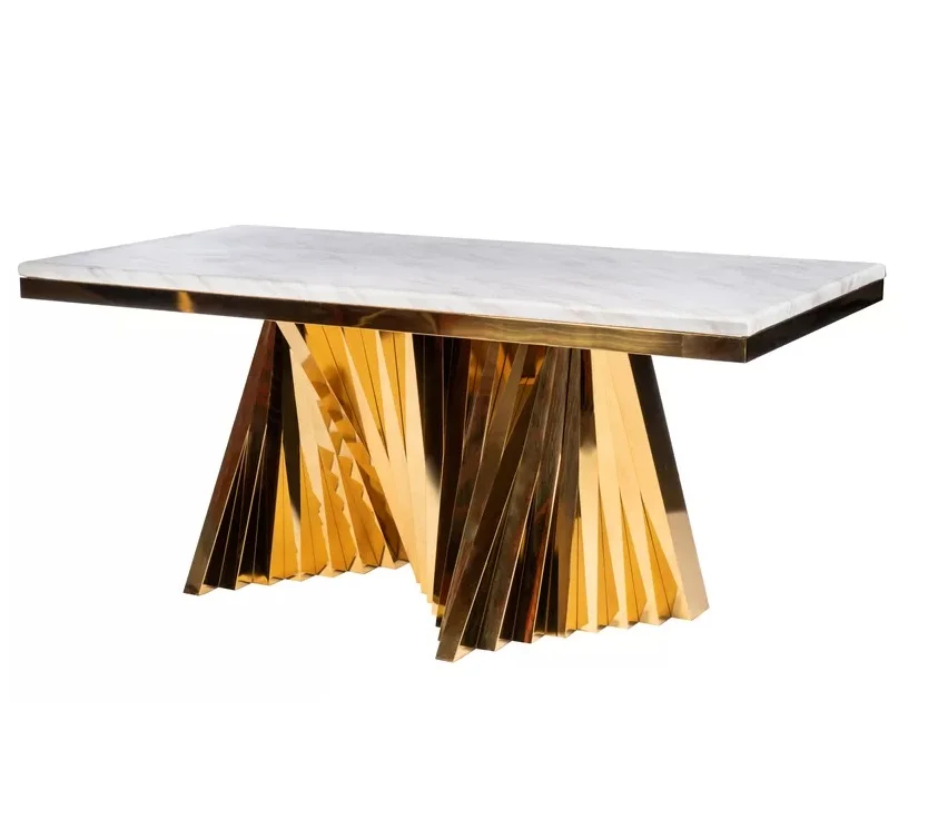 

Новый дизайн, обеденный стол Z-образной формы с мраморной поверхностью из нержавеющей стали золотого цвета для дома, свадьбы, аренда мебели ...