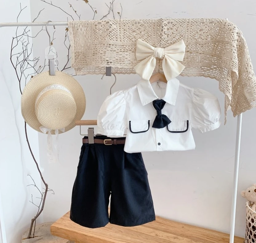 2022 New Baby Girls Summer Fashion Sets, White Top+ Black Shorts  Wholesale  5 sets/lot