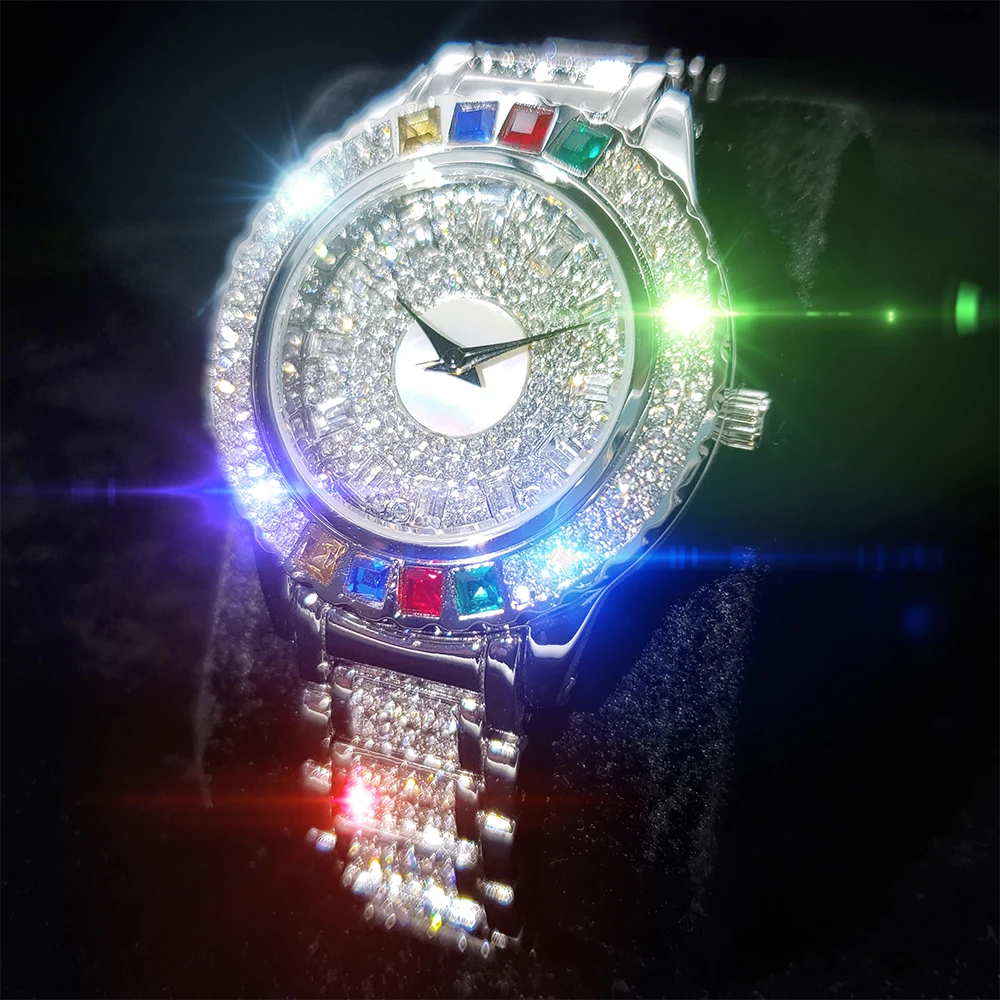 

Rainbow Diamond CZ-inlaid Women Watches Luxury Shining Iced Out Wristwatch Woman Bling Round Quartz Watch for Lady
