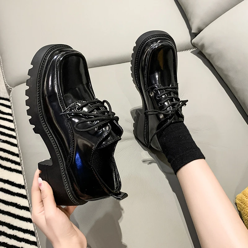

British Style Small Leather Shoes Women All-match 2022 New Thick Bottom Raised Lace Round Toe Not Tired Feet Women's Shoes
