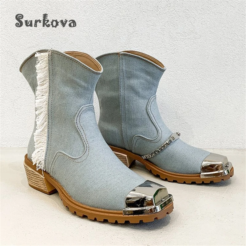 Denim Metal Square Toe Boots New Rubber Sole Short Canvas Wedges Mid-Heel Women's Shoes Fashion Chain Tassel Slip On Ankle Boots