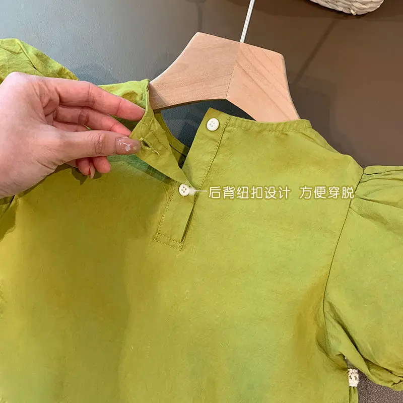 Girls' Suit 2022 Summer New Korean Style Girls' Shirt Top Lace Anti Mosquito Pants Western Style Fashion Two-Piece Suit