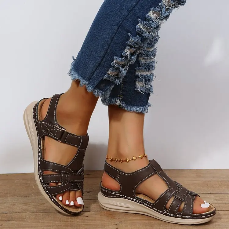 

New Women's 2022 Open Toe Sandals Summer Retro Non-slip Breathable Pu Casual Women's Thick Bottom Retro Shoes Large Size 35-42