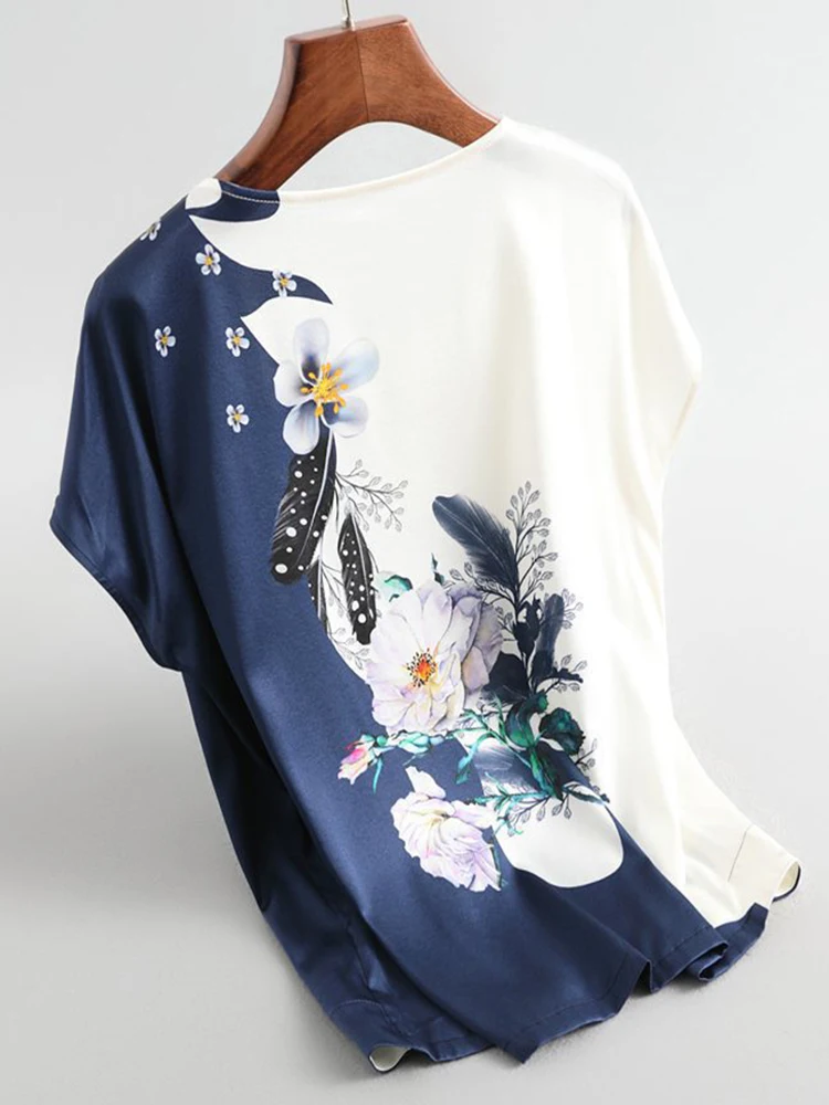 

NDUCJSI Woman Blouses Pullover Ladies Silk Satin Tops Fashion Floral Print Short Sleeve Vintage O-Neck Summer 2022 Clothes