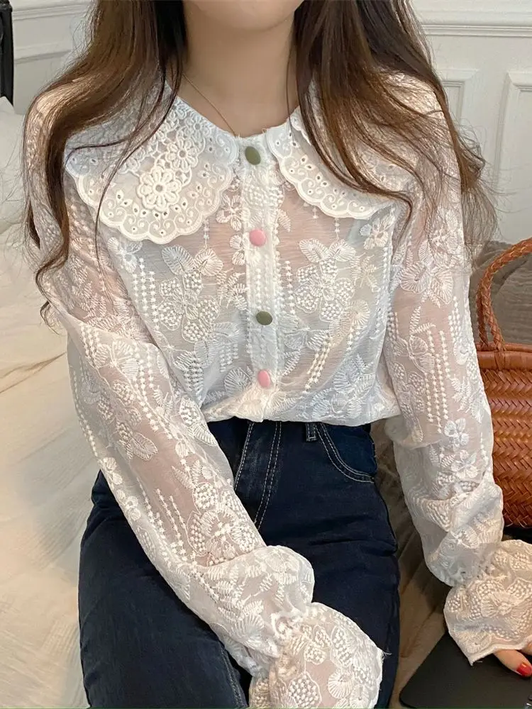 

Alien Kitty Sweet Hot Women Shirts Slim 2022 Hollow Out Lace Loose Peter Pan Collar Korean OL All Match Work Wear Chic Blouses