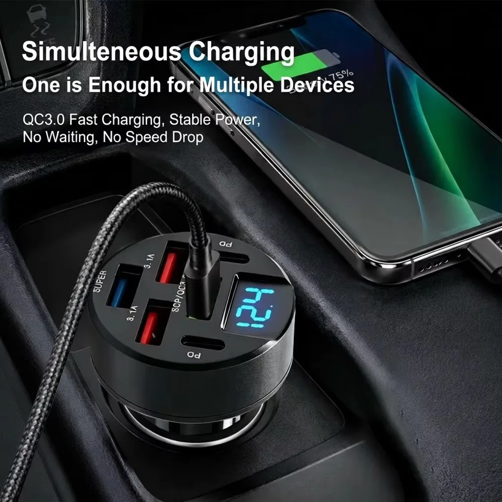 Фото Многопортовое автомобильное зарядное устройство USB-C 12В/24В с дисплеем напряжения в реальном времени, сверхбыстрый адаптер для зарядки iPhone, Samsung, планшетов, iPad №5