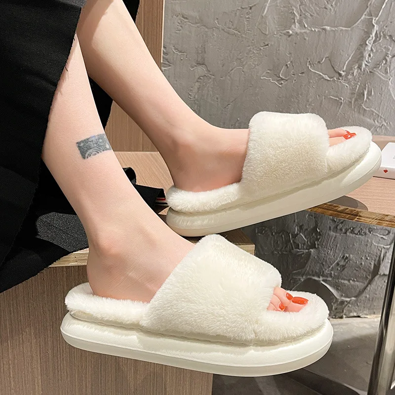 

2022 Winter Women's Slippers Thick-bottomed Fur Furry Slippers for Home Soft Platform Shoes Indoor House Warm Cotton Slippers