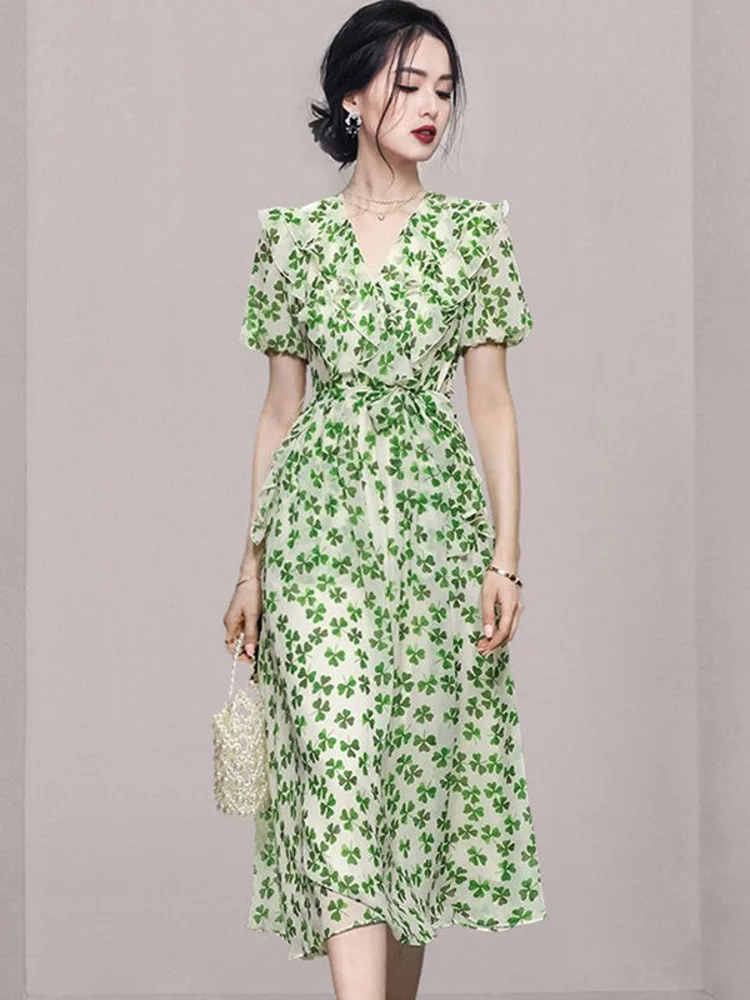 

Elegant Fashion Vintage Dress 2022 Summer Floral V-Neck Flounced Edge Puff Sleeve High Waist Line Temperament Women's Dresses