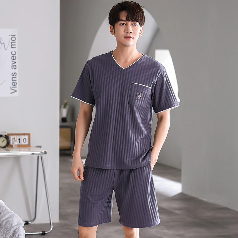 Men Comfortable Pajamas Set 3XL 4XL Short Sleeve Casual Home Wear Spring Summer Cotton Boy Pajama Sets Leisure Sleepwear Set