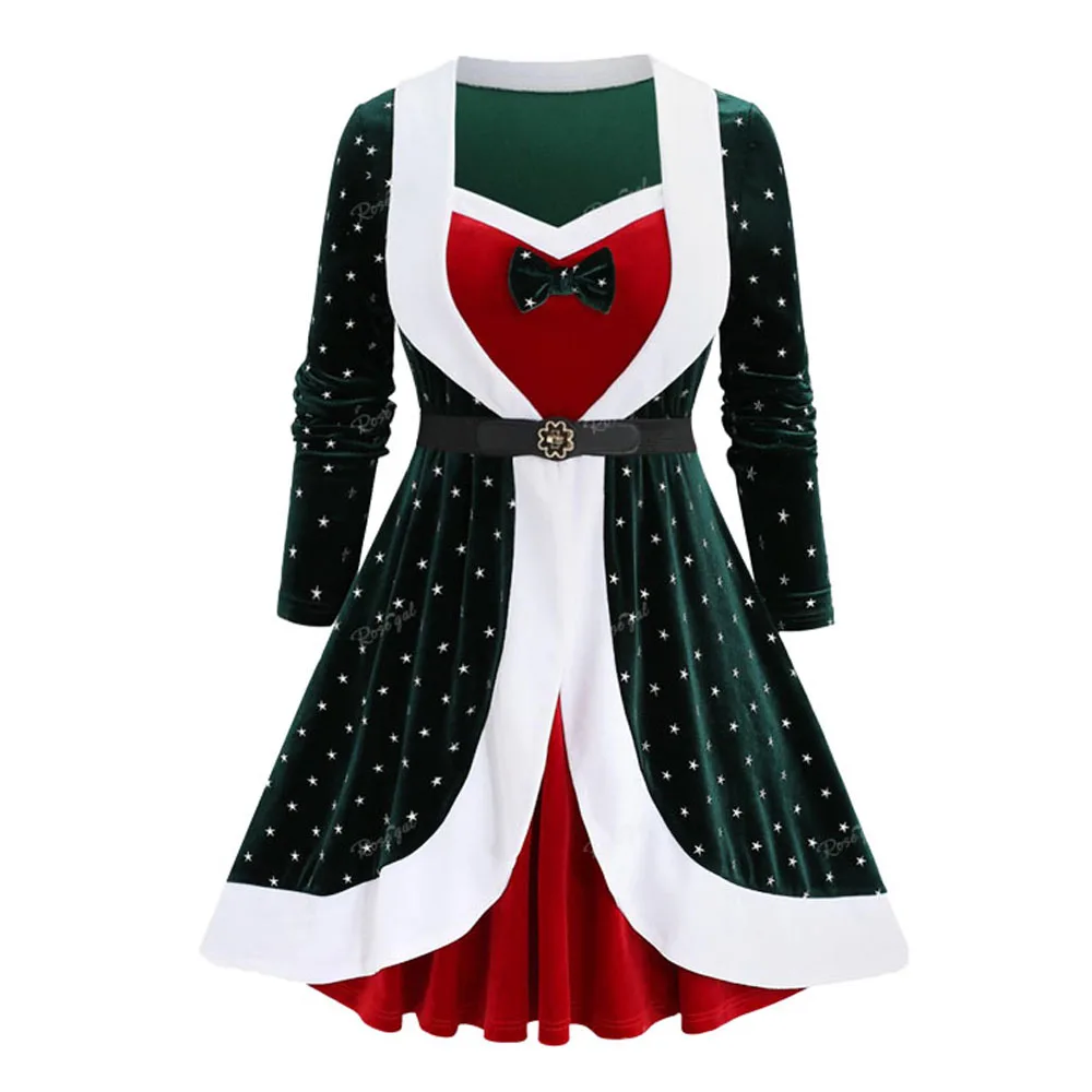 Женское бархатное мини-платье с поясом и принтом в виде звезд