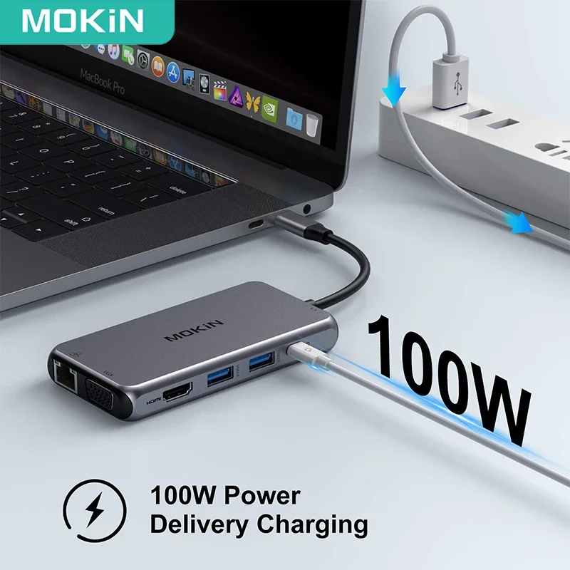 MOKiN 9 в 1 USB-концентратор типа C Многопортовый адаптер HDMI Ethernet VGA PD Порт USB 3.0 HUB SD/TF для