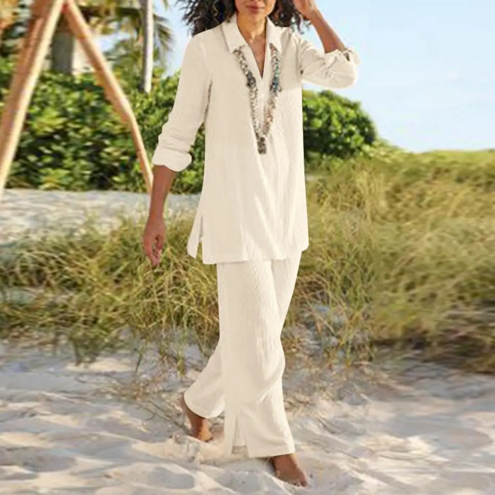 

2 Pcs/Set Women Shirt Pants Set Solid Color Lady Fall Spring Outfit Long Sleeves Side Split Top Wide Leg Elastic Waist Pants