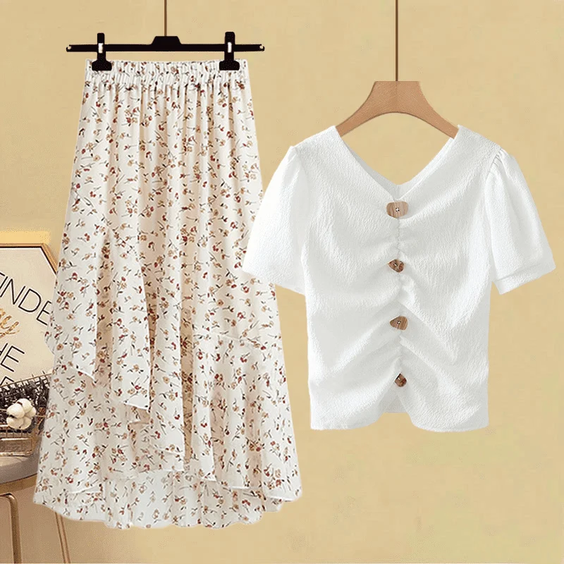 

Plus Size Summer Women Sweet 2 Pieces Set Korean Casual V Neck Short Sleeve Top And Irregular Floral Print Chiffon Skirts Sets
