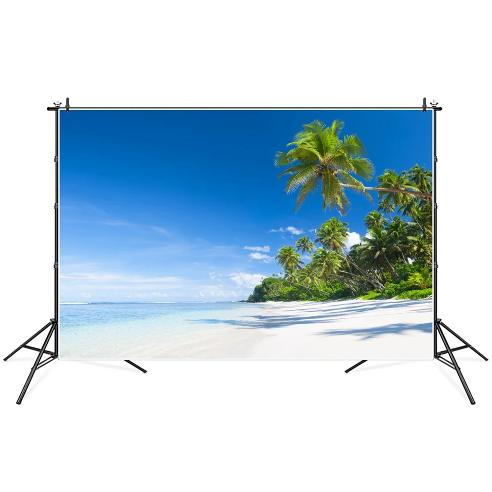 

Tropical Palms Beach Scenic Photography Backgrounds Blue Sky Waves Sea Summer Holiday Party Decoration Photocall Photo Backdrops