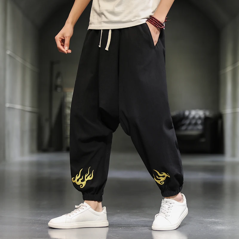 

Chinese Literary Style Low-grade Cotton Pants Men's Flame Pattern Trousers Tide Brand Large Size Overalls Casual Sports Pants