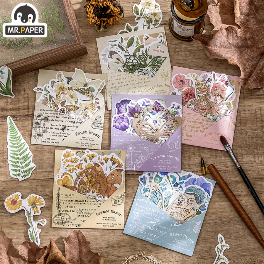 

Mr. Paper 6 Styles20pcs/bag Vintage Plant Sticker Creative Aesthetic Flower Butterfly Hand Account Decorative Stationery Sticker