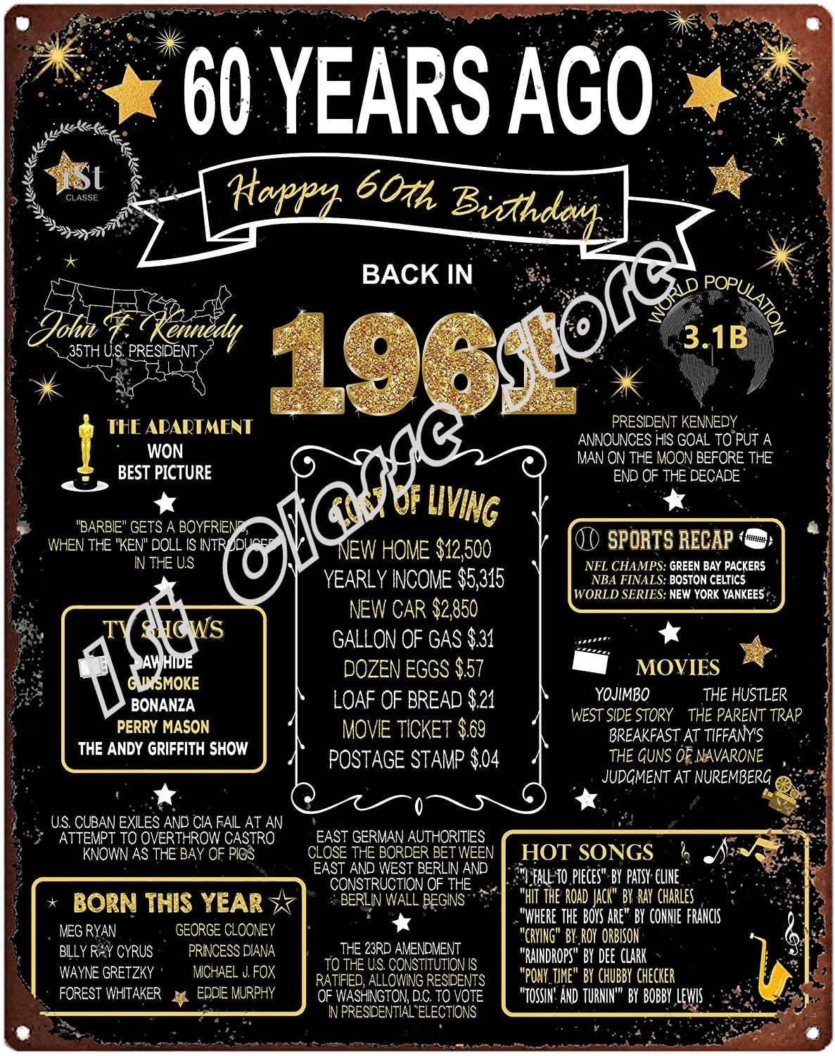 

Metal Signs For Men 1961 Birthday Metal Sign, 60th Birthday Gift for her or him, 60th Adult Birthday, GOLD Glitter Sign