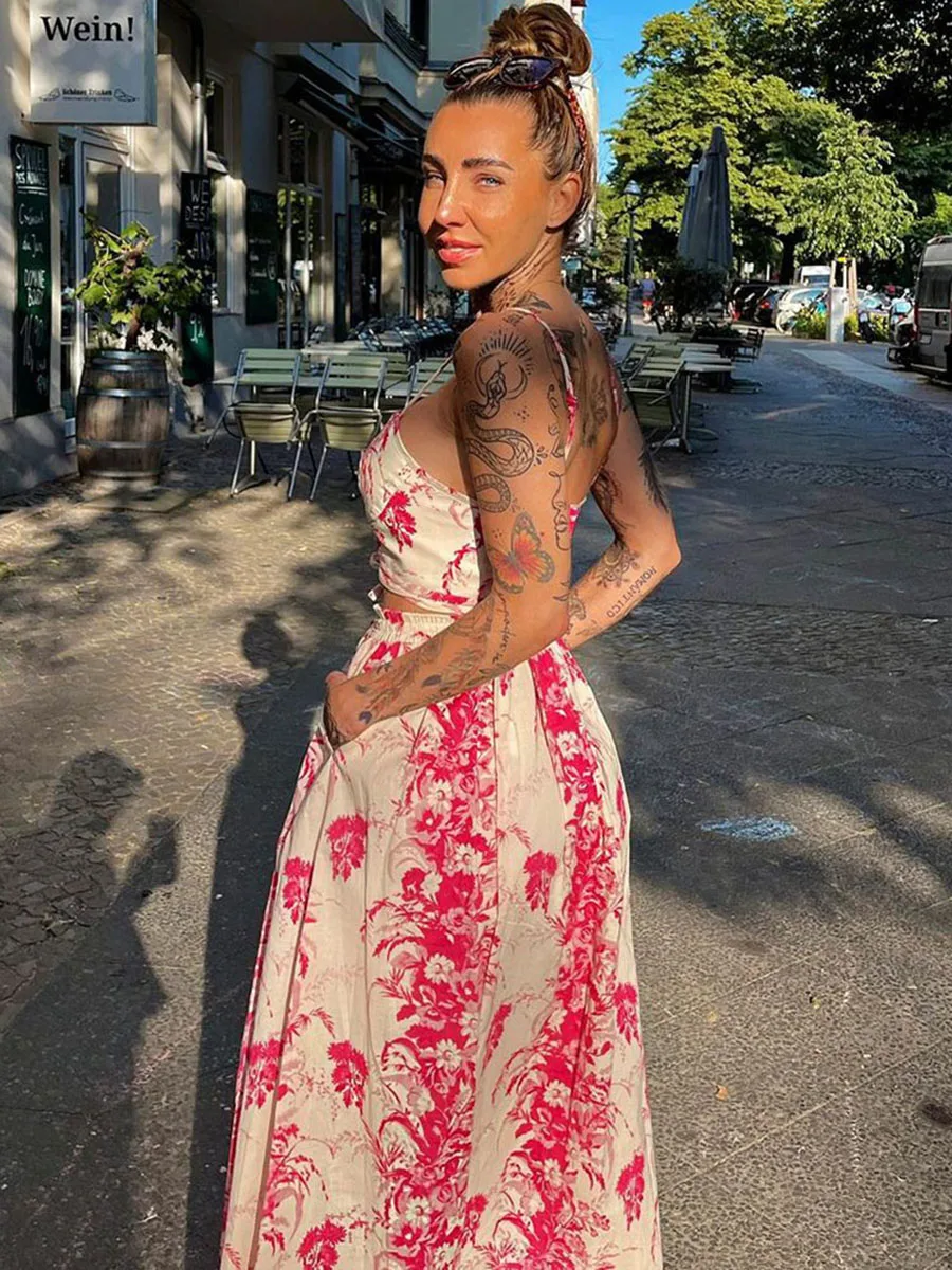 

Женский комплект из 2 предметов, топ без рукавов и юбка макси с цветочным принтом, на шнуровке, летний модный элегантный костюм с юбкой, 2023