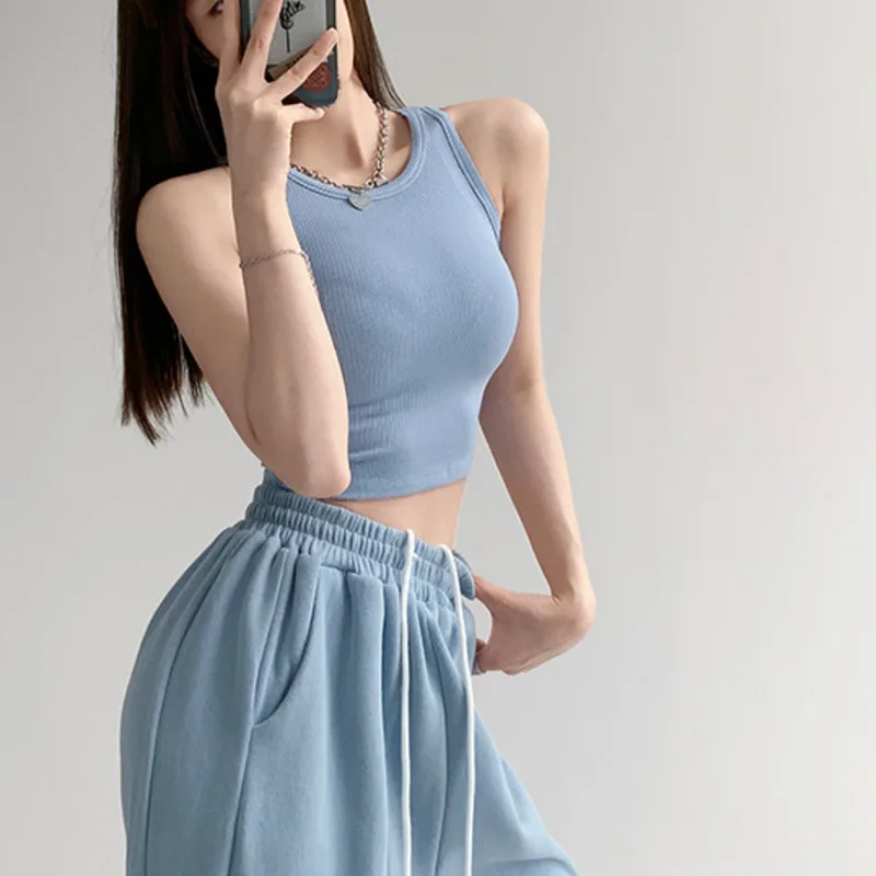 

Elastic Thread Cotton Top Women 2022 Short Slim High Waist Crop Strap Bottom Female Y2k Clothes