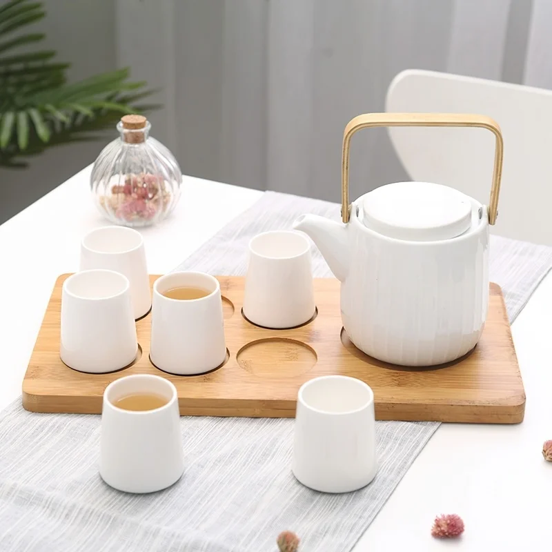 

Ceramic Coffee Tea Set Japanese White Wood Tray Kettle Cup Pot Water Ware Bar Decoration Household Kitchen Supplies Drinkware
