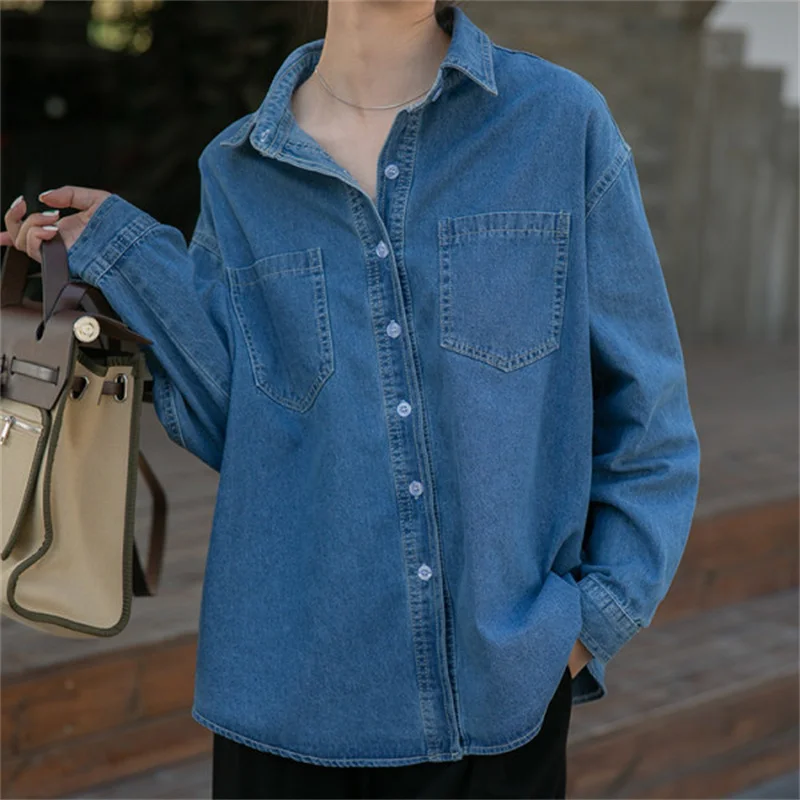 

Женская джинсовая рубашка с длинным рукавом, с двойным карманом