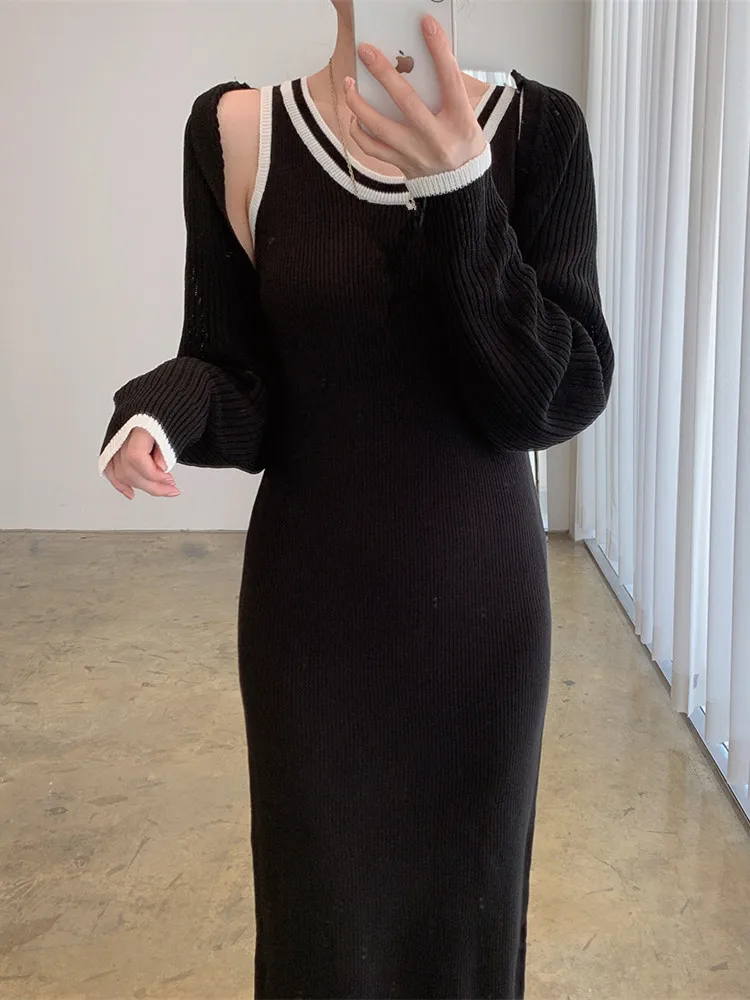 

Korean Fashion Collision Splicing Knitted Dress Two Piece Sets for Women Autumn New Short Shawl Jacket Sweater Matching Sets