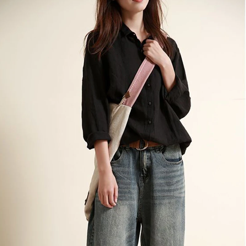 Рубашка женская из хлопка и льна с длинными рукавами