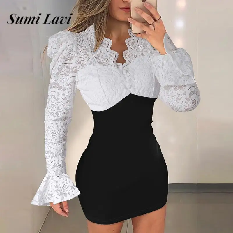 

Fashion V Neck Contrast Color Long Sleeve Dress Elegant Lace Jacquard Splicing Office Dress New Autumn High Waist Hip Wrap Dress