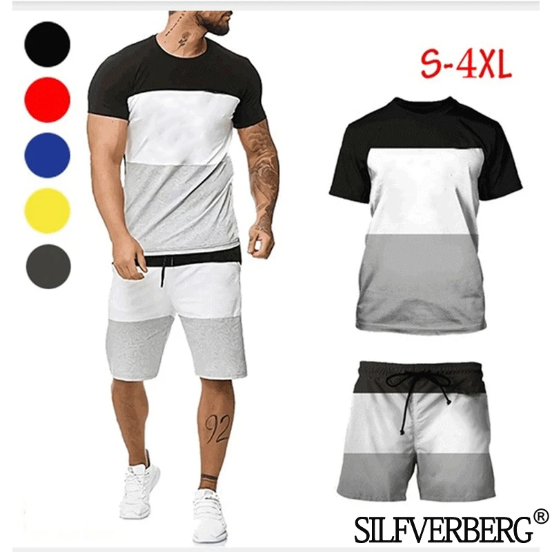 Sweatsuits with Shorts +T-Shirt  Patchwork 2 Pieces Man Summer Sets Outfit Sports Fitness Basketball Training Male Tracksuit