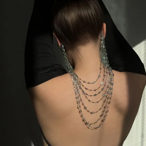 Серебряные кристалльные серьги-цепочки