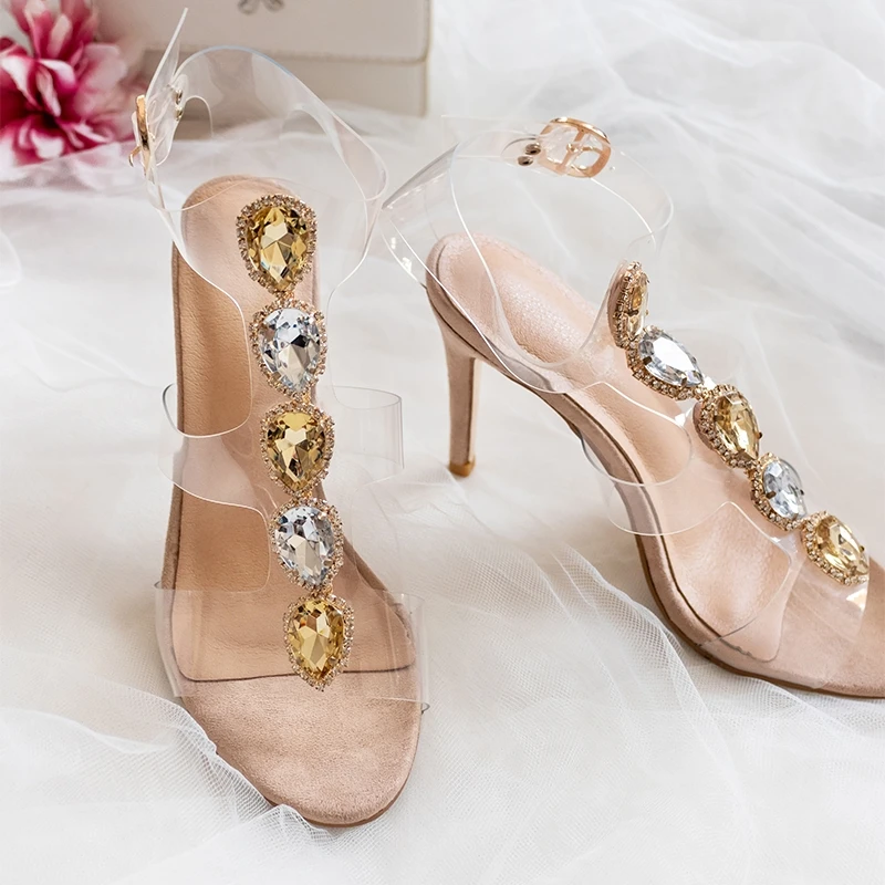 

Moraima Snc Crystal Embellished PVC High Heel Shoes Summer Open Toe Thin Heels Sandals Clear Cutouts Gladiator Shoes