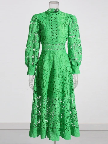 Robe verte twotwinstyle pour les femmes stand collier à manches longues hautes taies coupées robes midi solides vêtements d'automne féminins 2022 Nouveau