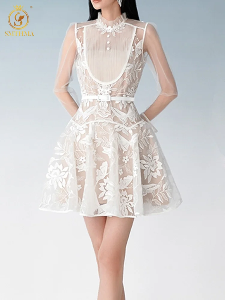 

SMTHMA Women's Sexy Mesh Embroidery Summer Dress Ladies Vintage Elegant Long Sleeves White Party Dresses Vestidos
