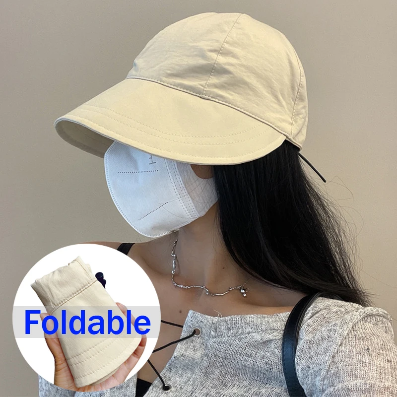 

Summer Folding UV Protection Sun Hat Women Wide Brim Baseball Cap Outdoor Beach Visor Hats Adjustable Drawstring Bucket Caps