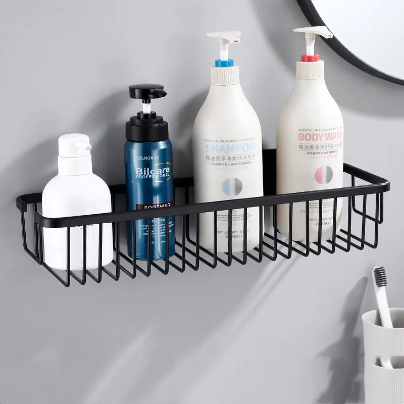 Bathroom Shelf Basket Aluminum Shower Gel Liquid Soap Shampoo Holder Rectangle Bath Storage Rack Wall Mounted Nail Punched Black