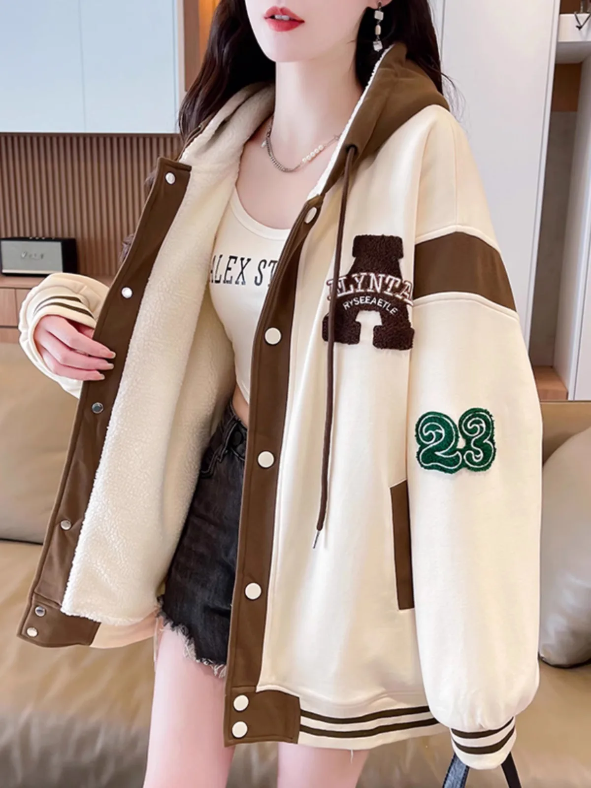 Fleece-lined Thickened Baseball Uniform Outerwear Women Autumn and Winter New American vintage Loose Casual Embroidery Top Co... |