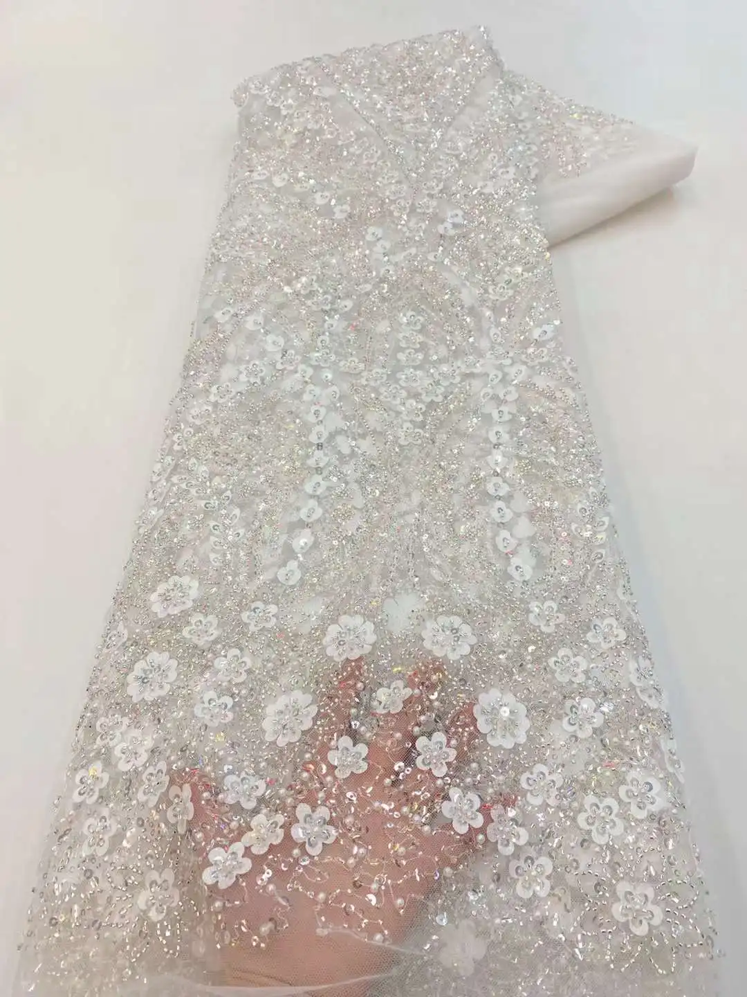 Новейшая ткань с блестками 2024 бусин кружевная вышитая Тюль Ткань для жениха