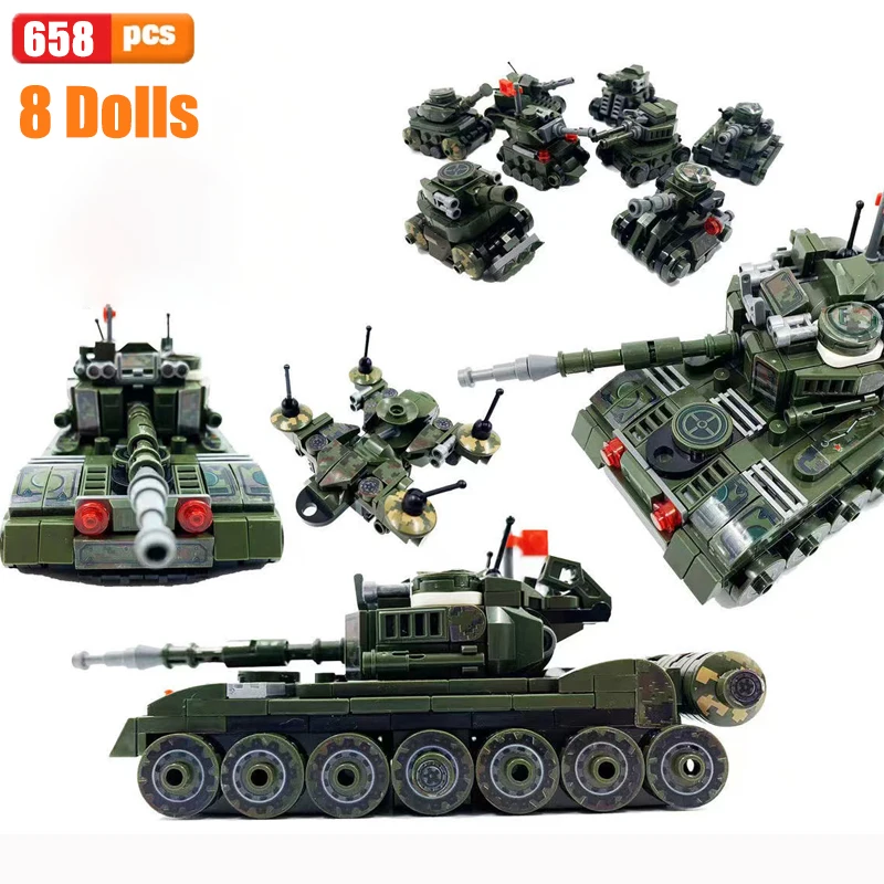 

8in1 Military Series Tank Building Blocks Idea Armored Vehicle Fighter Bricks WW2 Army Police Soldier Weapon Toys Kid Gift MOC