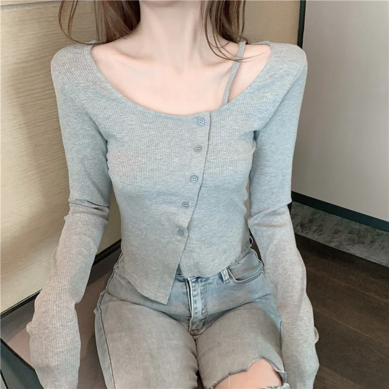 

Harajuku Style Basic Irregular Skinny Short Gray Long Sleeve Tshirts Women Korean Fashion 2023 Spring Autumn Button Top T Shirt