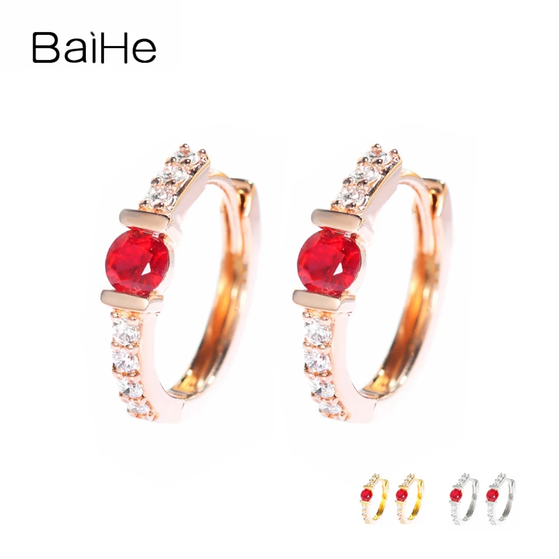 

BAIHE Solid 14K Rose Gold Natural Ruby Diamond Ear Clip earrings for women Wedding Engagement Fine Jewelry сережки kolczyki