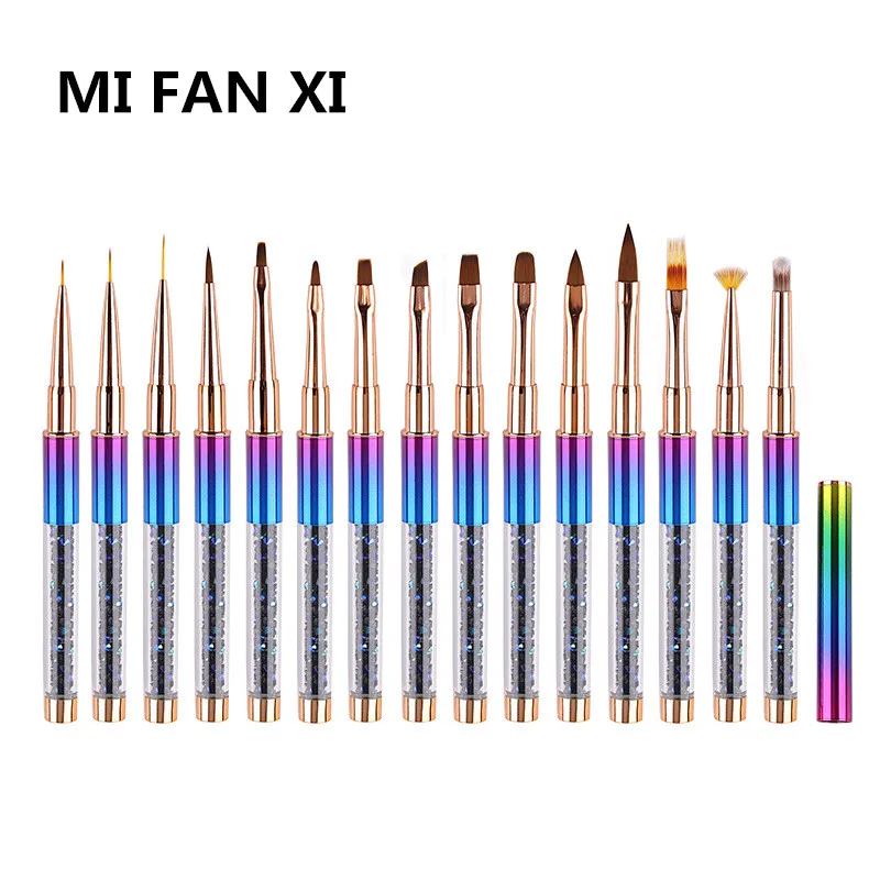 

15Style Art Nails Brush Pen Rhinestone Metal Acrylic Handle Liner Pointing Fan Design Crystal Painting Drawing Sculpture Pen