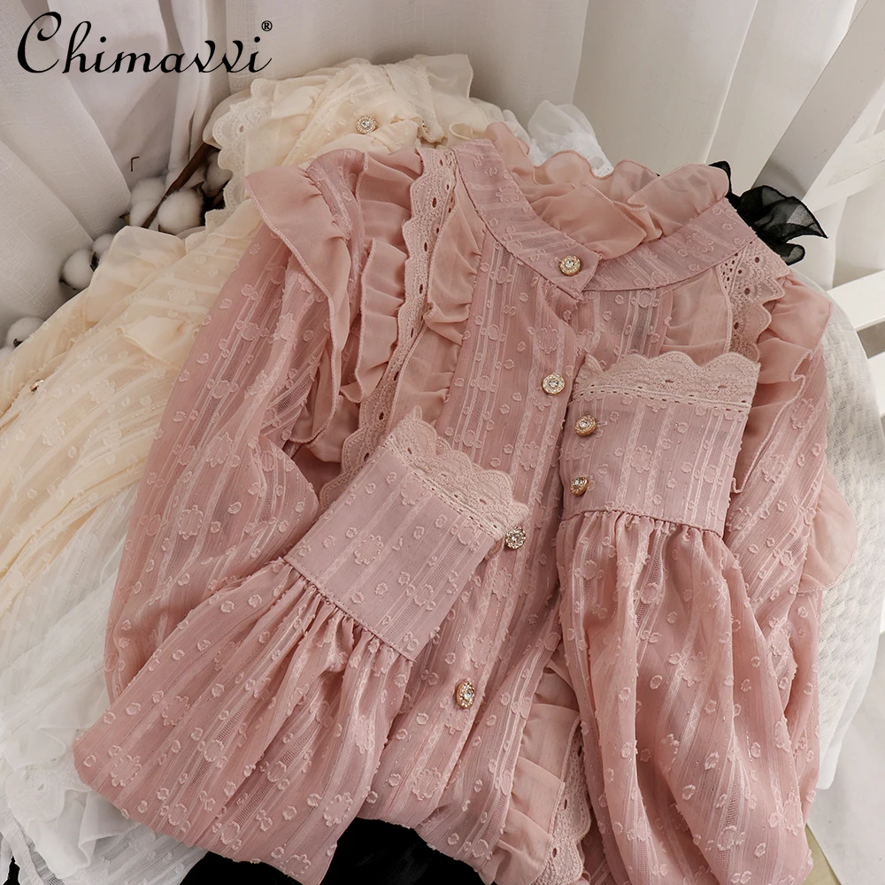 

2021 Women's New Spring Sweet Lace Shirt Solid Color Stand Collar Puff Sleeve Pink Chiffon Top Ladies Elegant Blusas