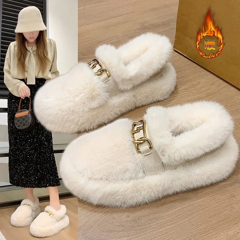 Новинка 2024 зимние женские лоферы на толстой подошве теплые меховые слипоны с