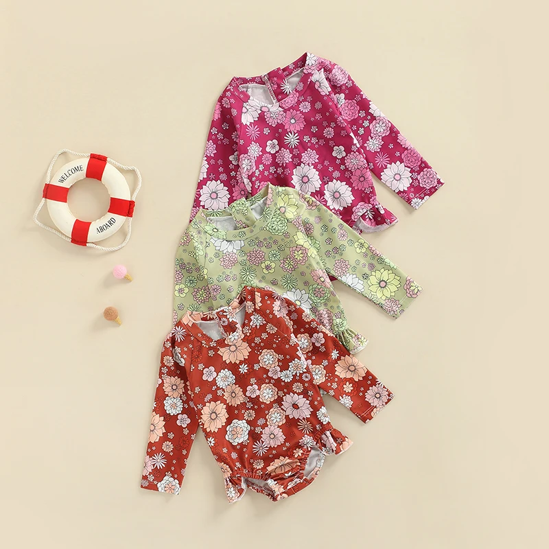 

Летние милые детские купальники для маленьких девочек, женский купальник с цветочным принтом, купальники с длинными рукавами и оборками, ку...