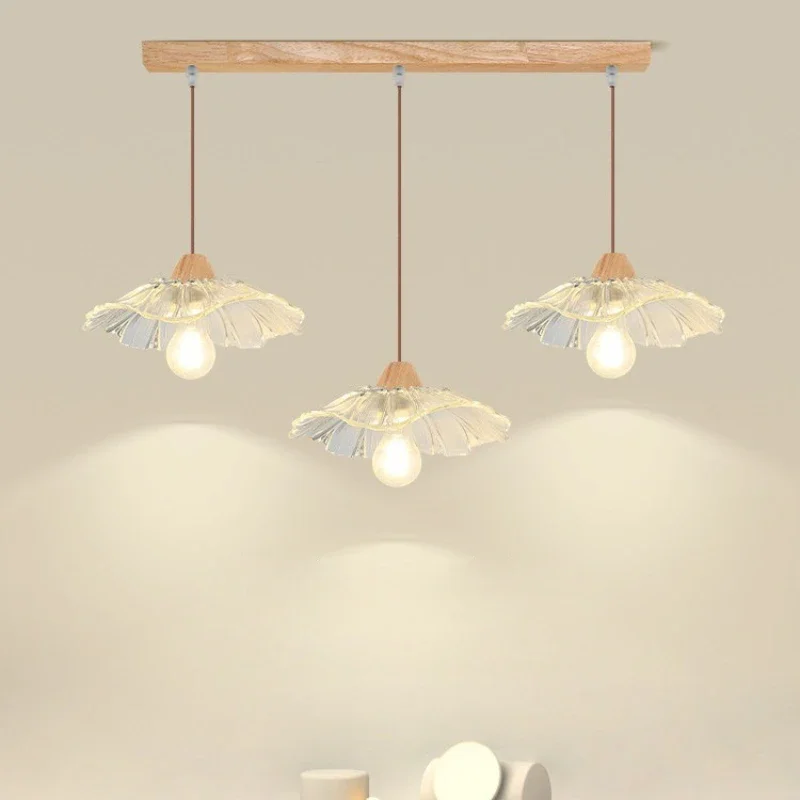 Modern Restaurant Wooden Three Head Bar Desk Lamp Creative Rustic Retro Lotus Leaf Home Decoration Pendant Lights