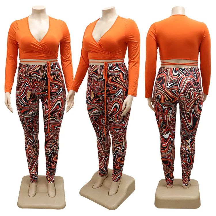 Plus Size Setup Women Clothing Two Piece Set Sexy 2 Piece Outfits Women Elastic Waist Slim Fit V-Neck Printing Short Long Sleeve