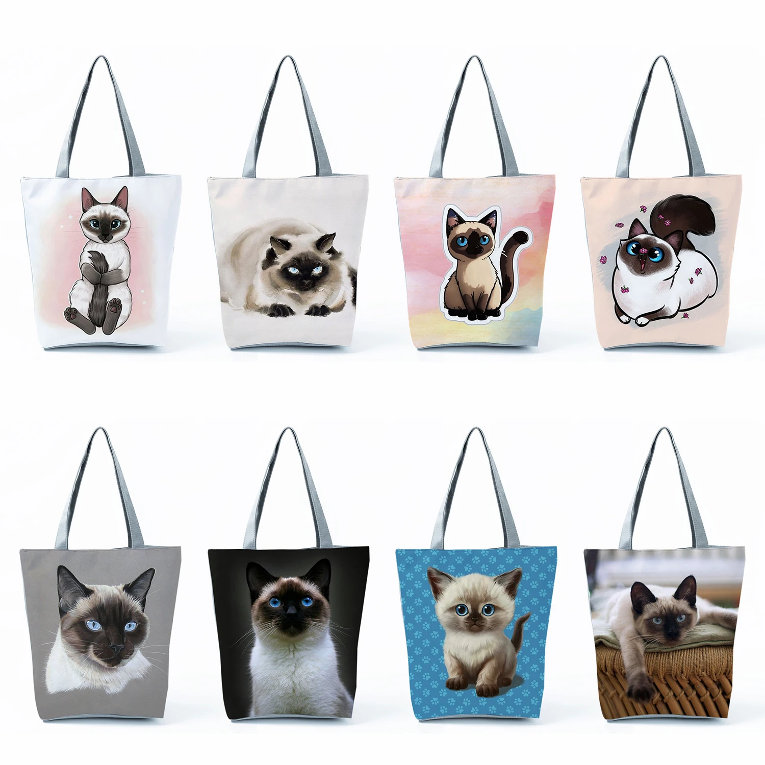 

Travel Women Tote Bags Cartoon Animal Shopping Bags Cute Siamese Cat Printed Handbags Portable Beach Bags Casual High Capacity