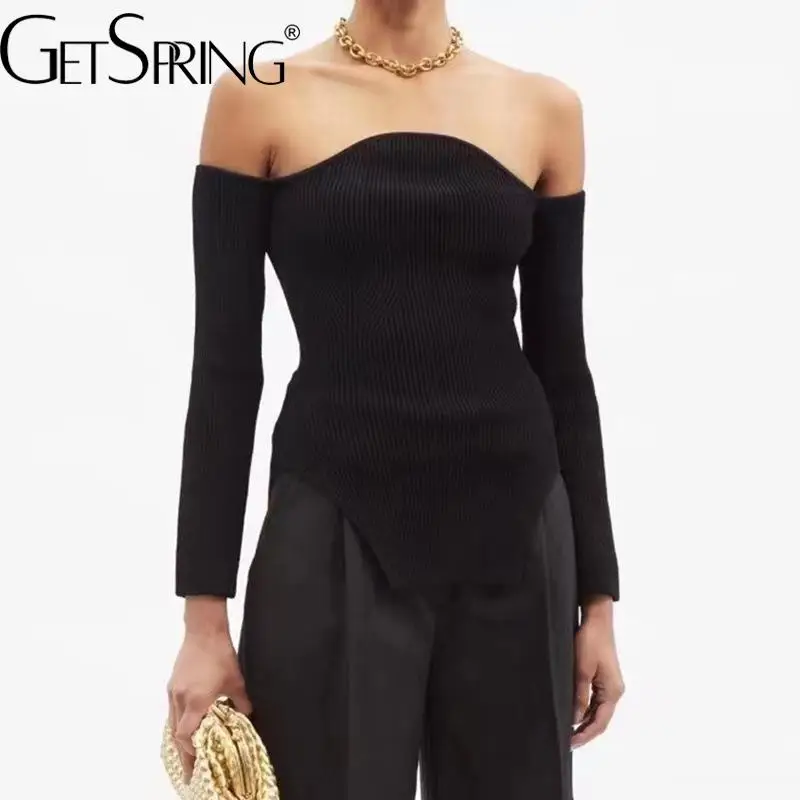 

GetSpring женская футболка с воротником-лодочкой и открытыми плечами, трикотажная футболка, модная однотонная тонкая футболка, Универсальный ж...