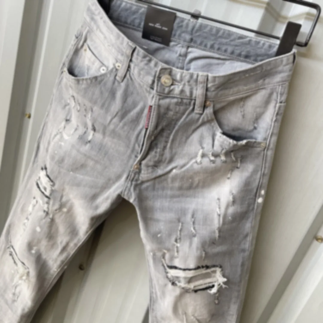 Spring/Summer 2023 New D2 Jeans Men's Fashion Men's Water Wash Print Roll Pant Feet Paint Slim Fit Small Feet Dark Blue