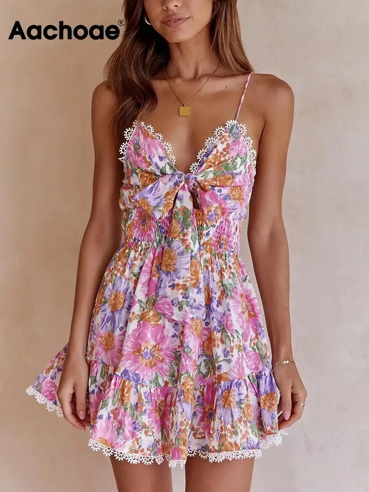 

Aachoae Summer Beach Floral Printed Front Bow Mini Dresses Women Sexy Spaghetti Strap A Line Dress Ladies Holiday Party Dresses